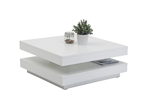 Apollo Funktionscouchtisch Wohnzimmertisch Ben, Quadratisch, Holzwerkstoff melaminbeschichtet, Tischplatte drehbar 360°, Weiß, 78 x 78 x 34cm