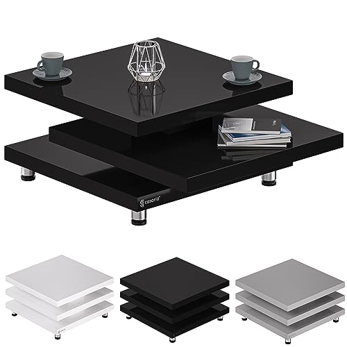 Casaria® 60x60 cm Schwarz Hochglanz Design Modern 360° drehbare Tischplatte höhenverstellbare Füsse Holz Sofatisch Wohnzimmertisch Cube New York